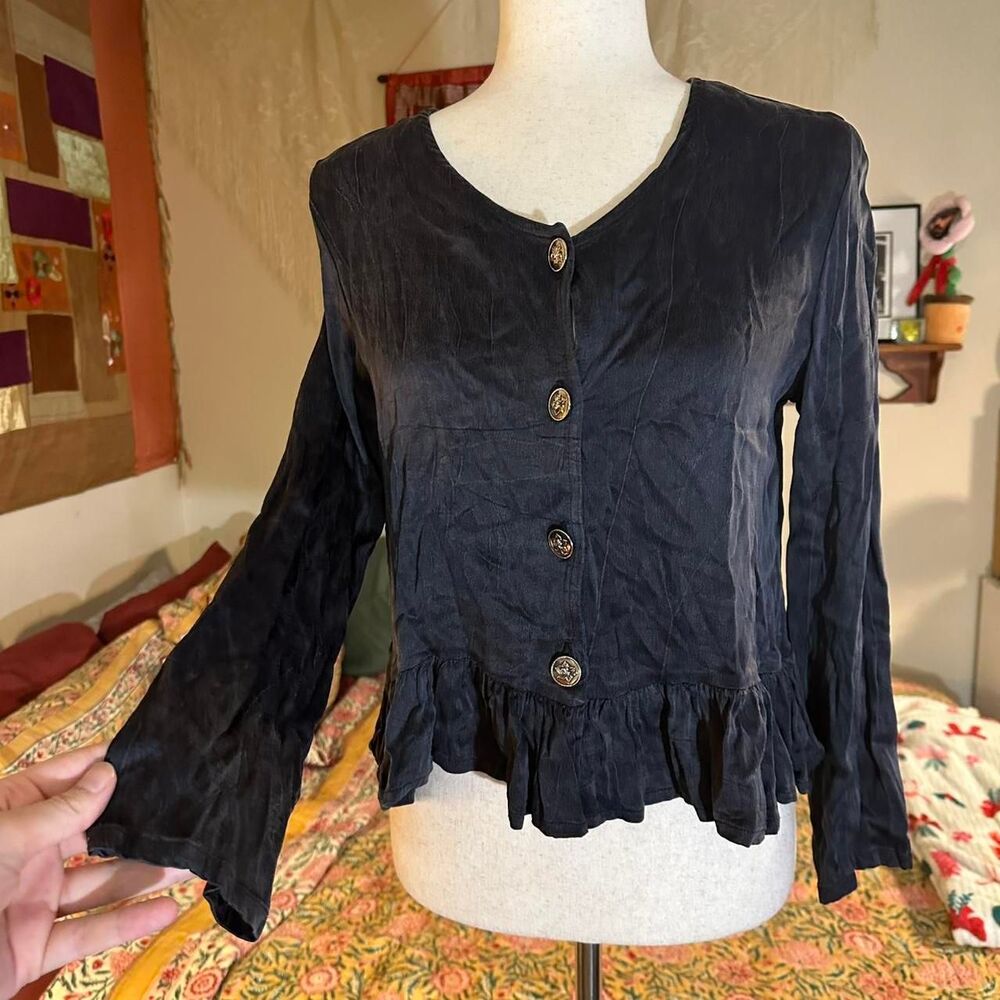 Vintage Rayon Black Peplum Rosette Button Up Layering Blouse